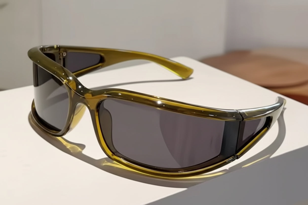 Olive-framed futuristic sunglasses with dark lenses on a light surface