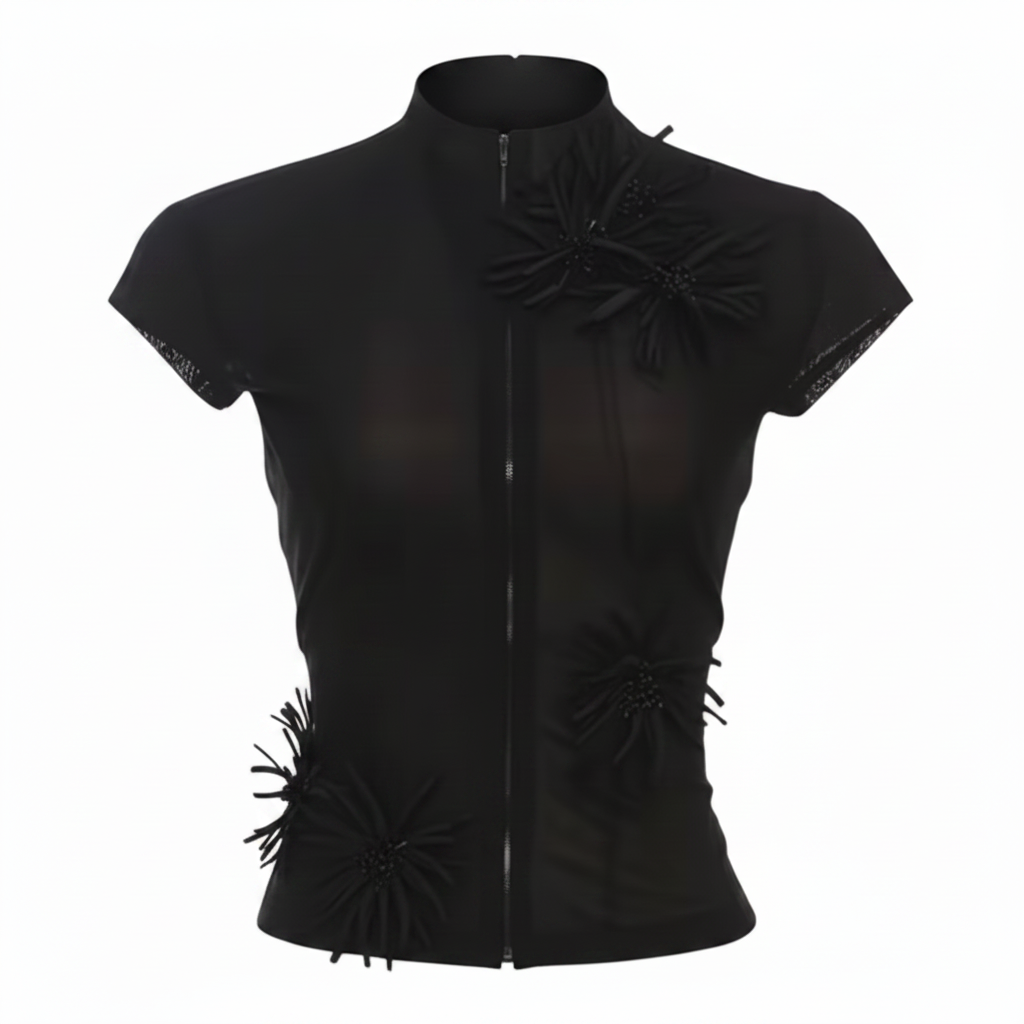 Black sleeveless top with floral details on a white background
